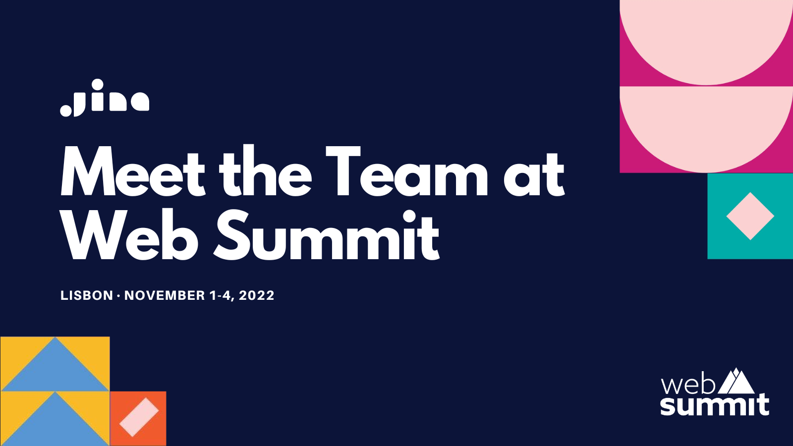Promotional slide for Web Summit with bold text "Meet the Team" and event date in Lisbon, colorful patterns, and logos