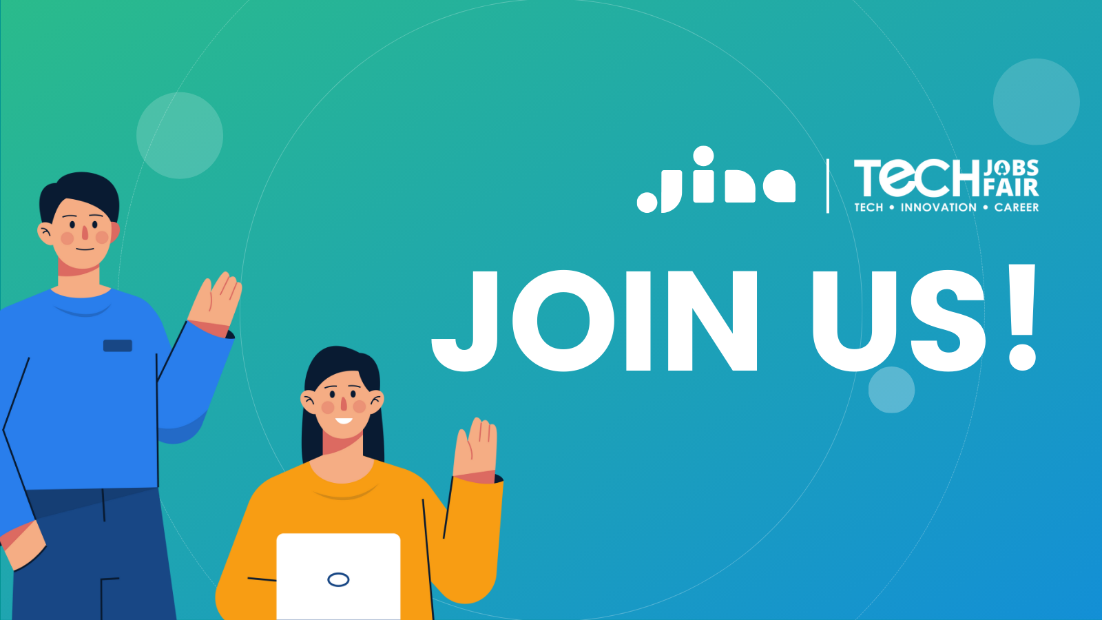 Promotional banner featuring 'JOIN US!' text for a tech jobs fair, with a man waving and a woman holding a laptop