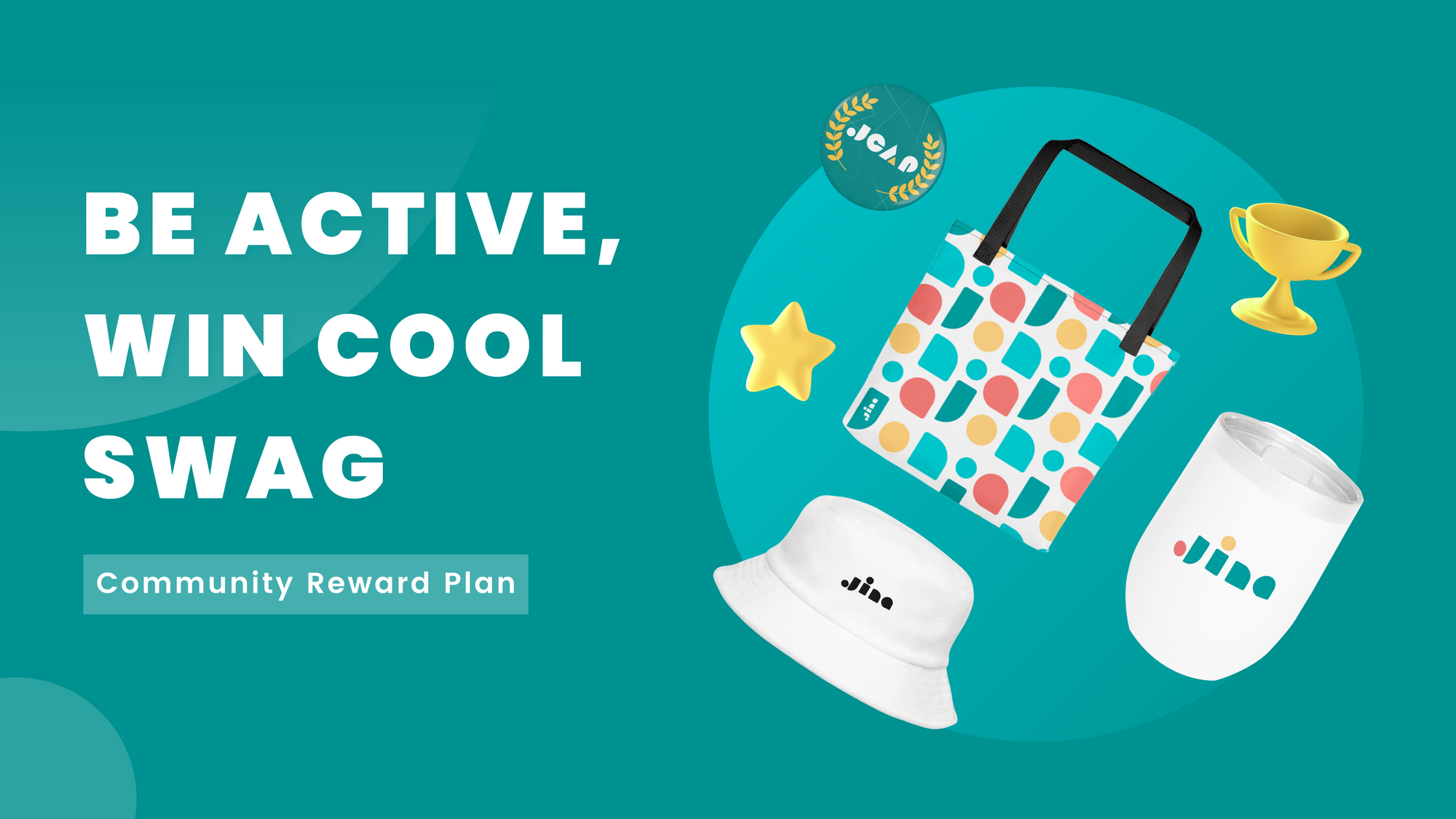 Promotional turquoise graphic with "Be Active, Win Cool Swag" text, a "Community Reward Plan" button, and items including a b