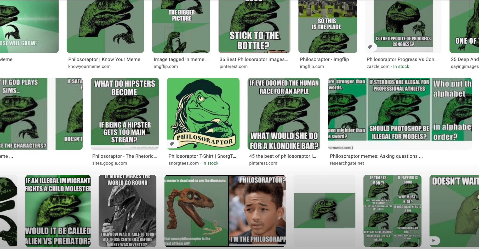 Collage of Philosoraptor memes depicting philosophical and humorous questions related to the meme genre