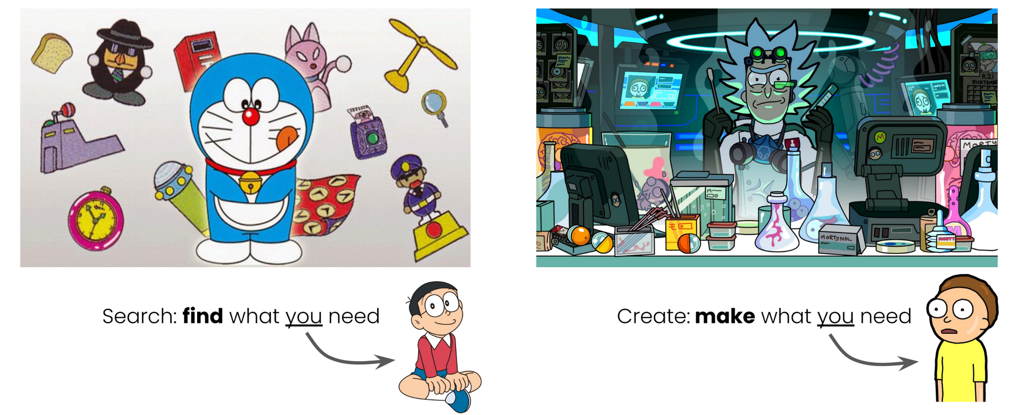 Illustration with Doraemon and a 'Search: find what you need' caption on the left, Rick and Morty with 'Create: make what you