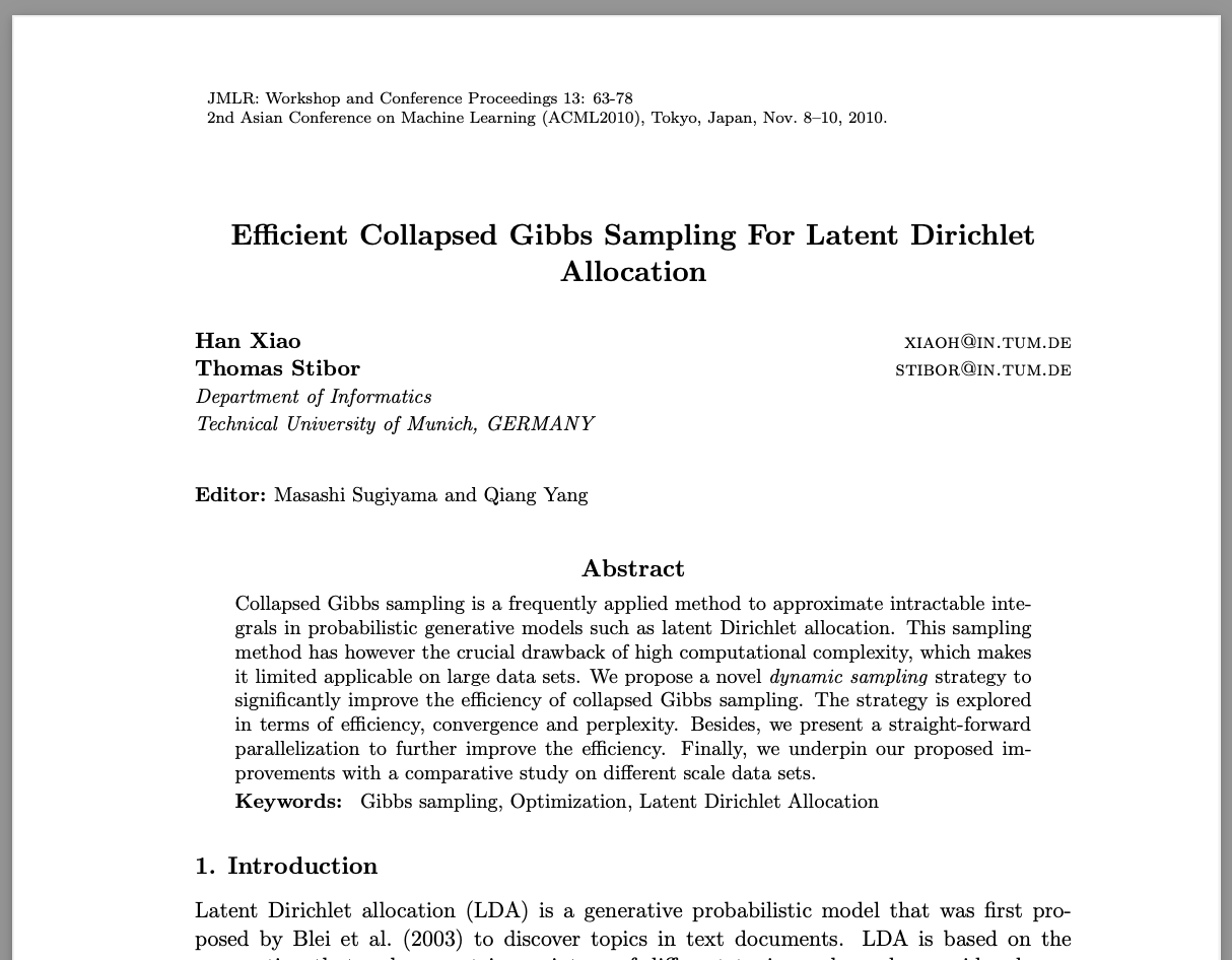 Screenshot of research paper "Efficient Collapsed Gibbs Sampling For Latent Dirichlet Allocation," from ACMl2010.