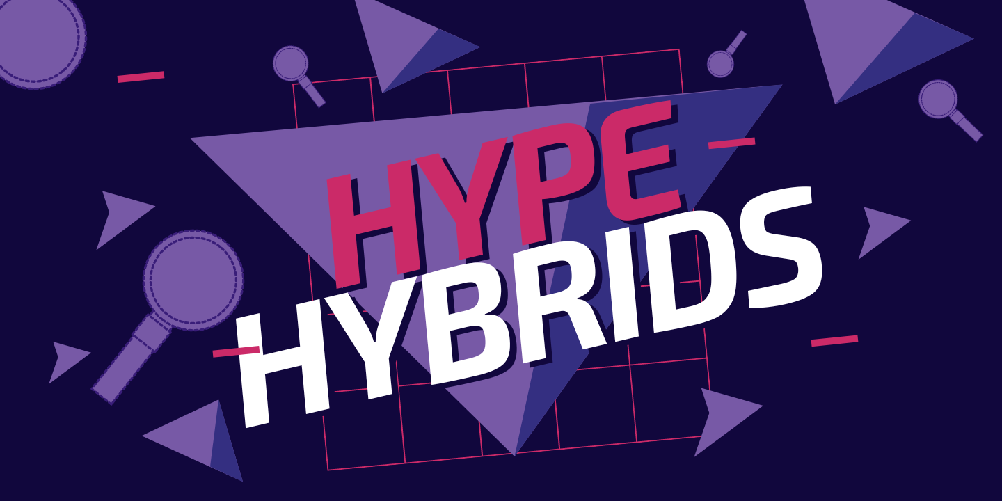 Abstract geometric background with bold "Hype Hybrids" text in white and colors against a purple backdrop