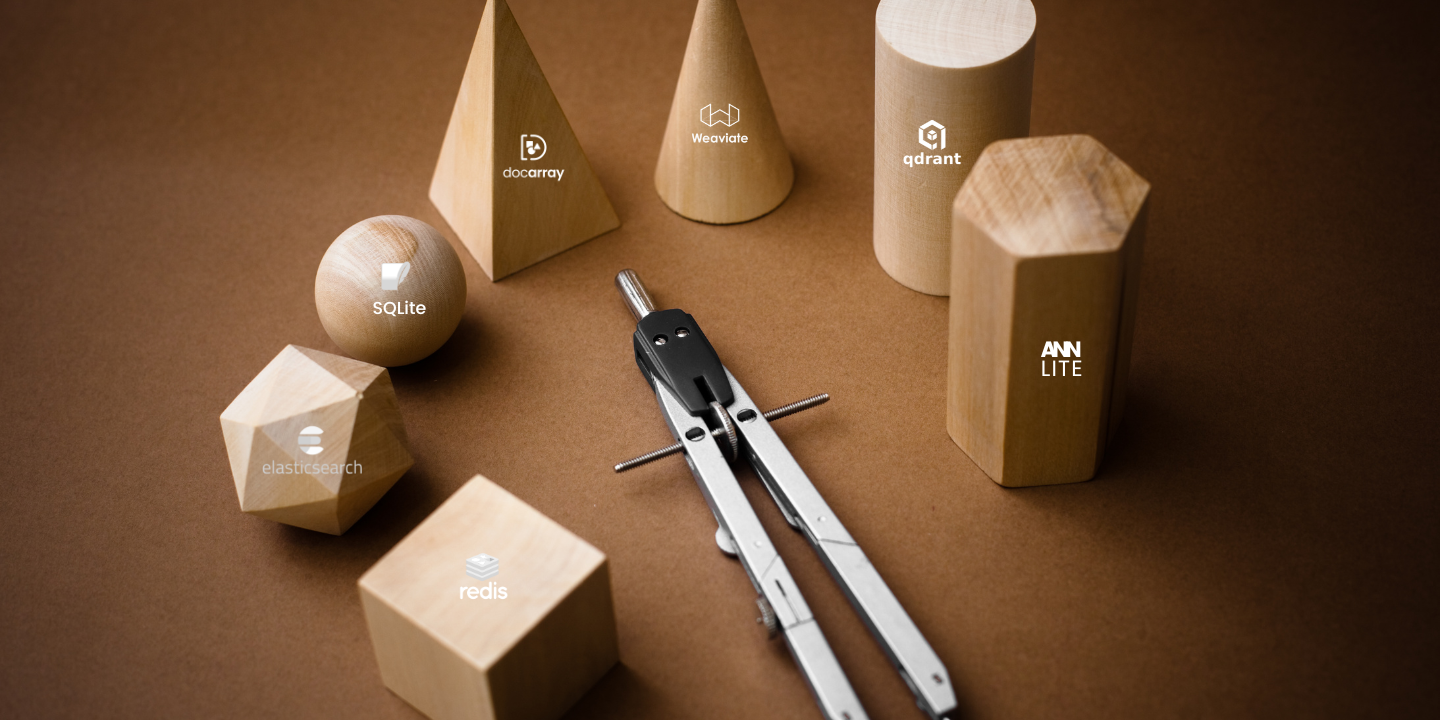 Wooden geometric shapes with tech logos and drafting tools on a warm brown surface, suggesting an educational or creative set