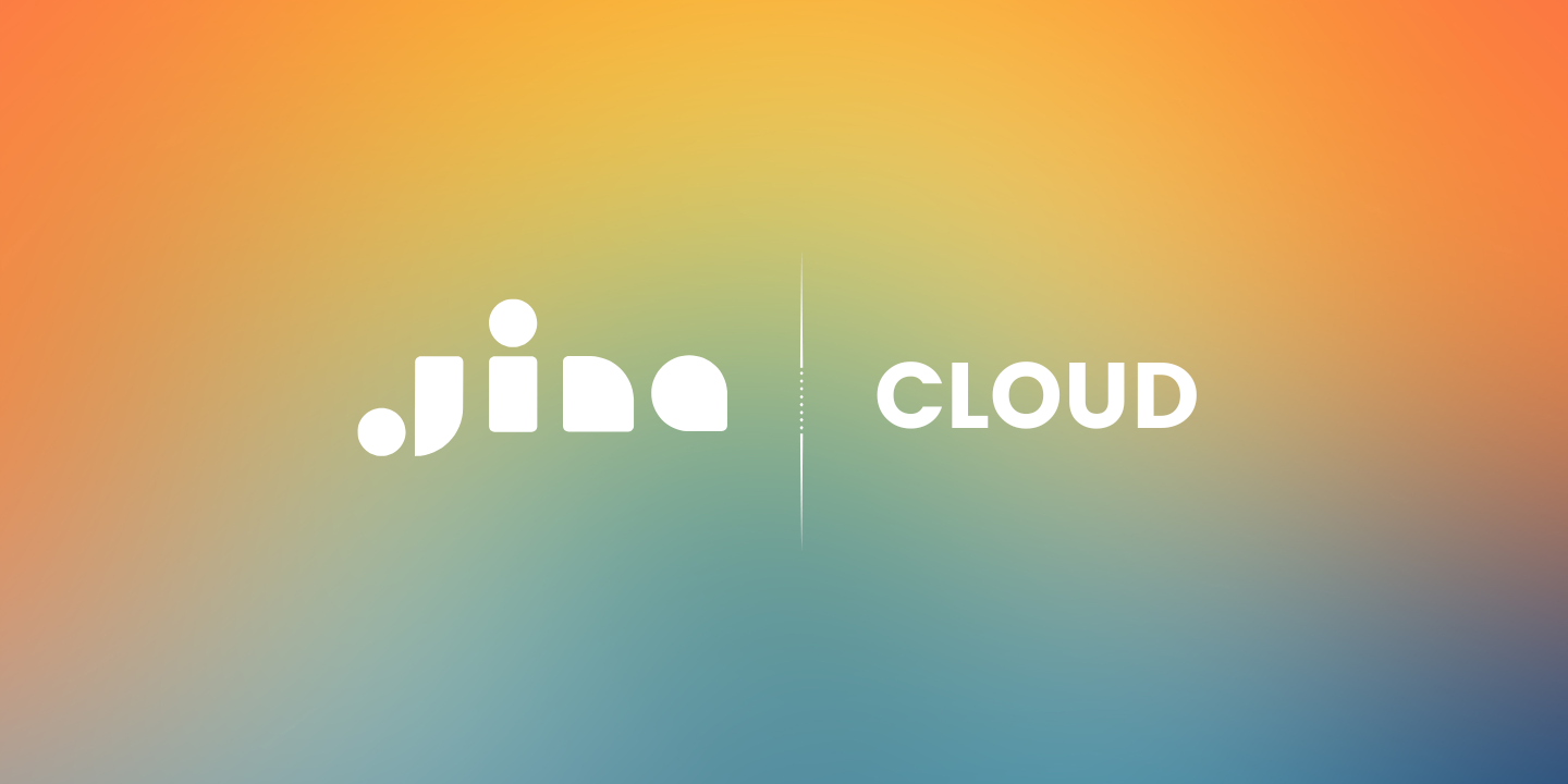 Colorful gradient background with the Jina logo and the text "Cloud" highlighting software identity