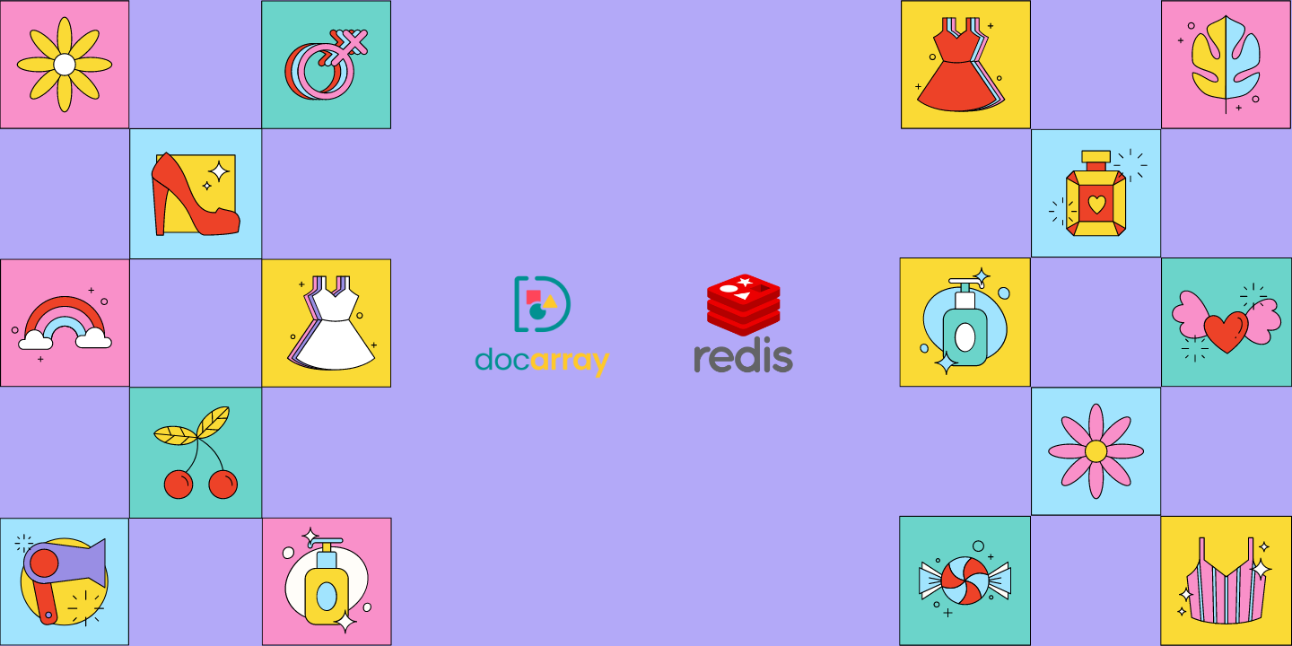 Grid of colorful icons on a purple background, including a heart, cherries, and "docarray" and "redis" logos