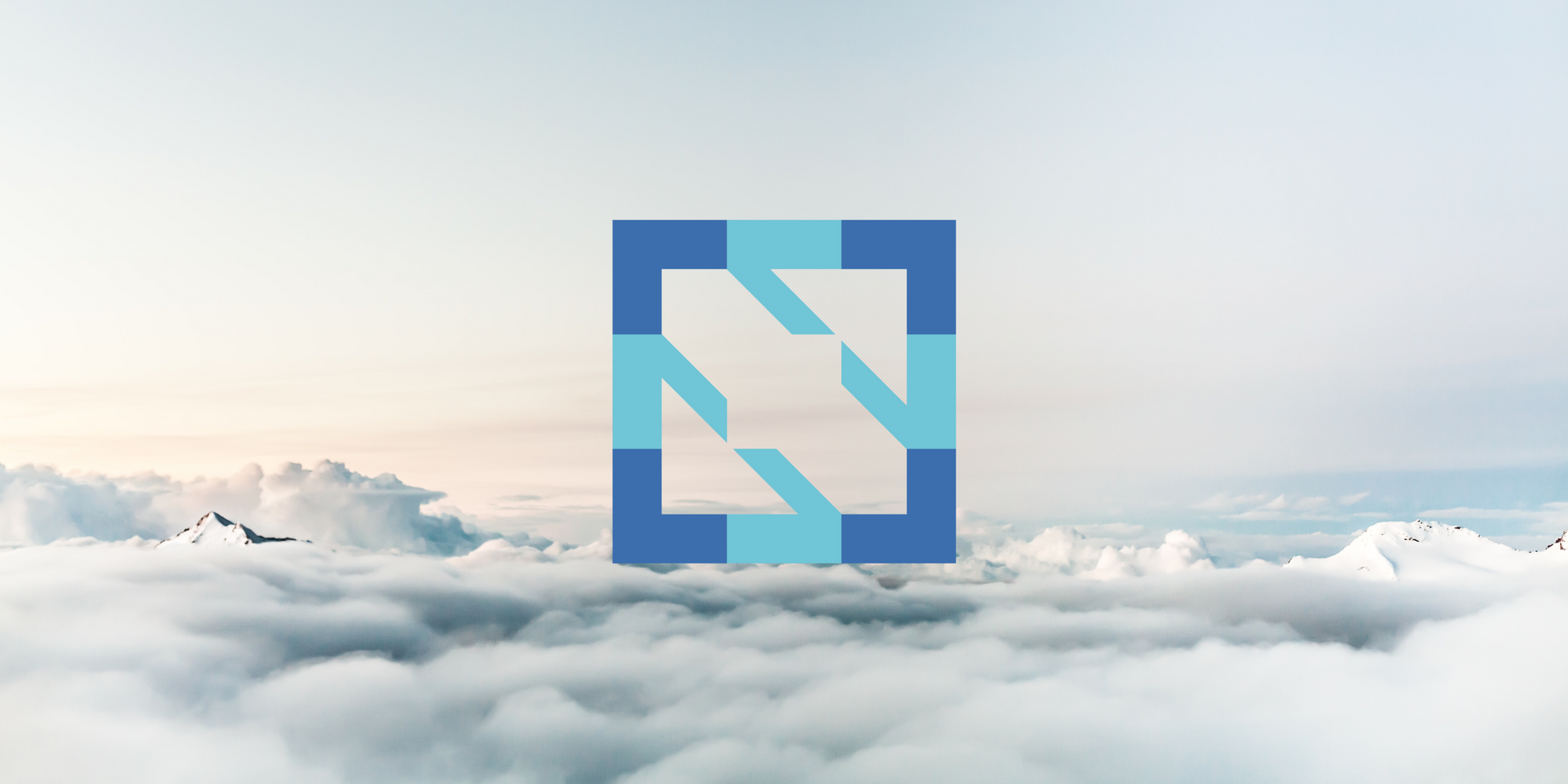 Blue and grey logo in a serene cloudscape with faint mountain peaks visible on the left