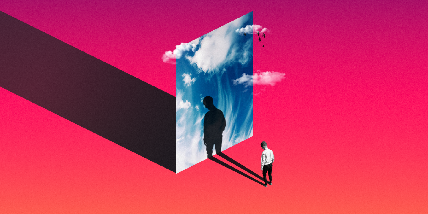 Abstract artwork with a figure looking up towards a cloudy sky, accented by striking contrasts and vivid colors