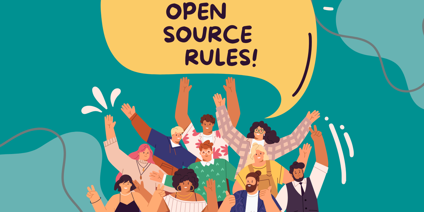 Celebratory crowd with diverse individuals raising hands beneath an "OPEN SOURCE RULES!" speech bubble