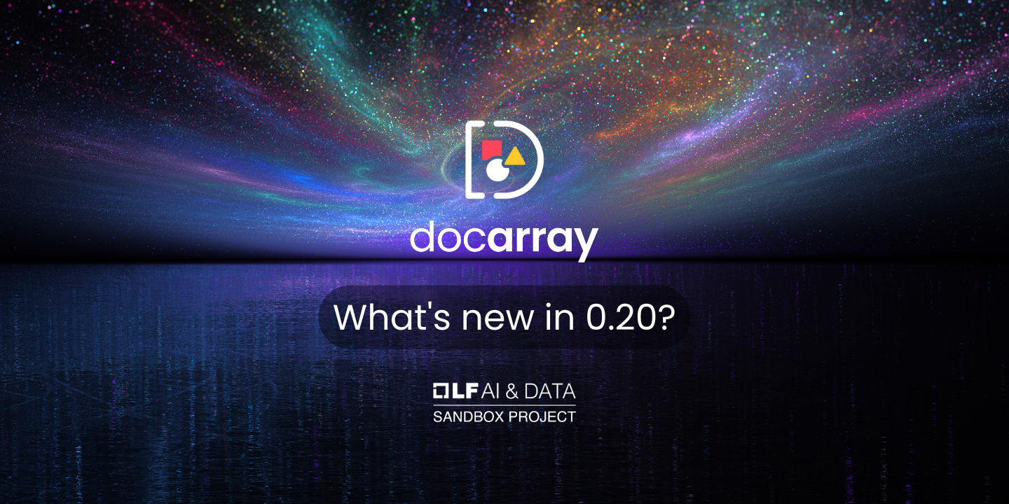 Promotional graphic for "docarray" with title "What's new in 0.20?" against a starry blue and purple backdrop and "SANDBOX PR