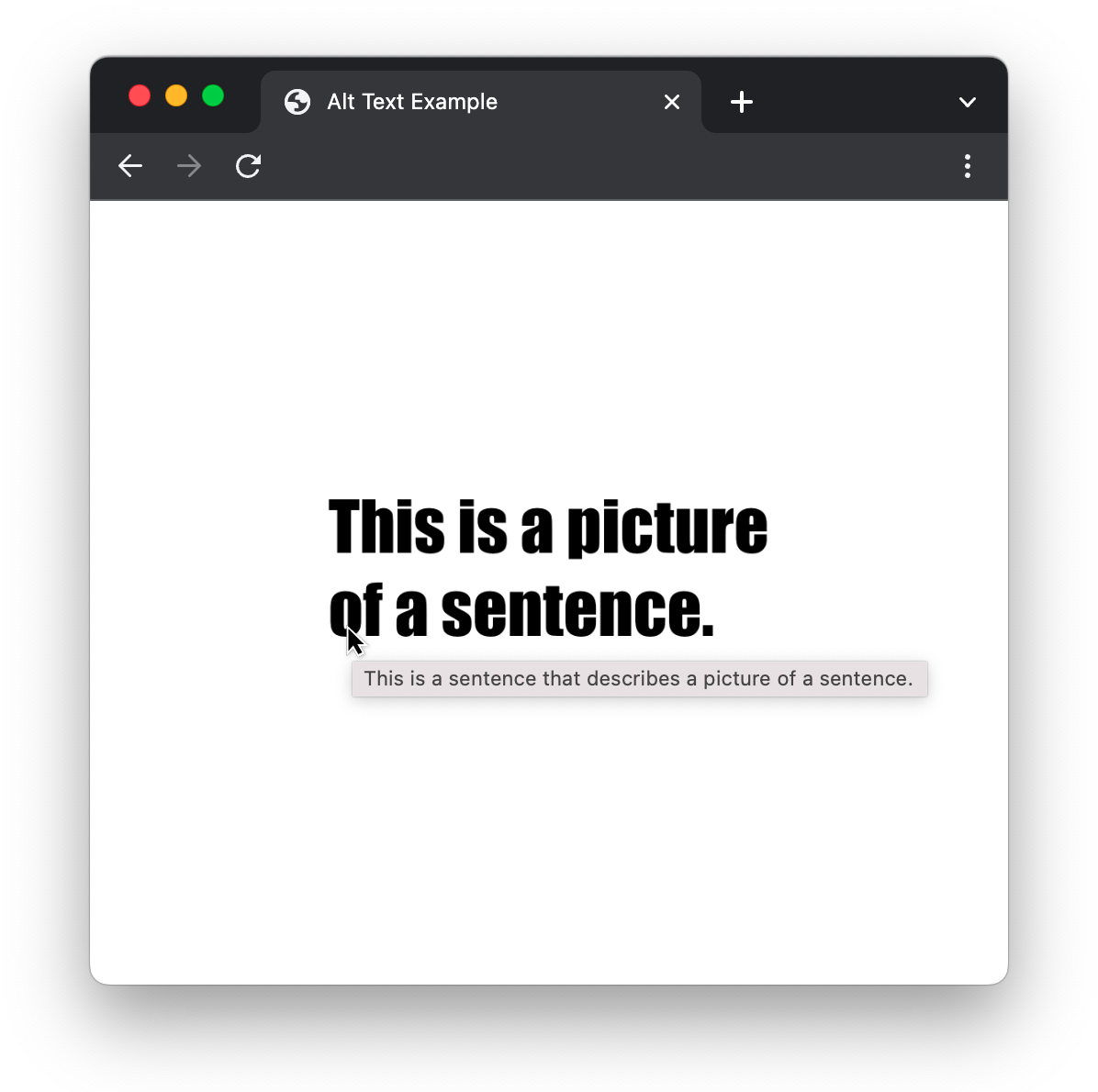 Screenshot of a website with heading "This is a picture of a sentence" and descriptive text, including "Alt Text Example" lab