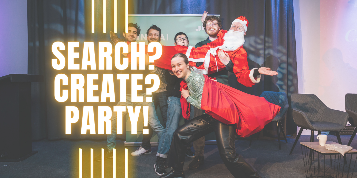 Group of jovial adults in festive attire with a Santa figure, standing before a neon sign "SEARCH? CREATE? PARTY!" at a livel