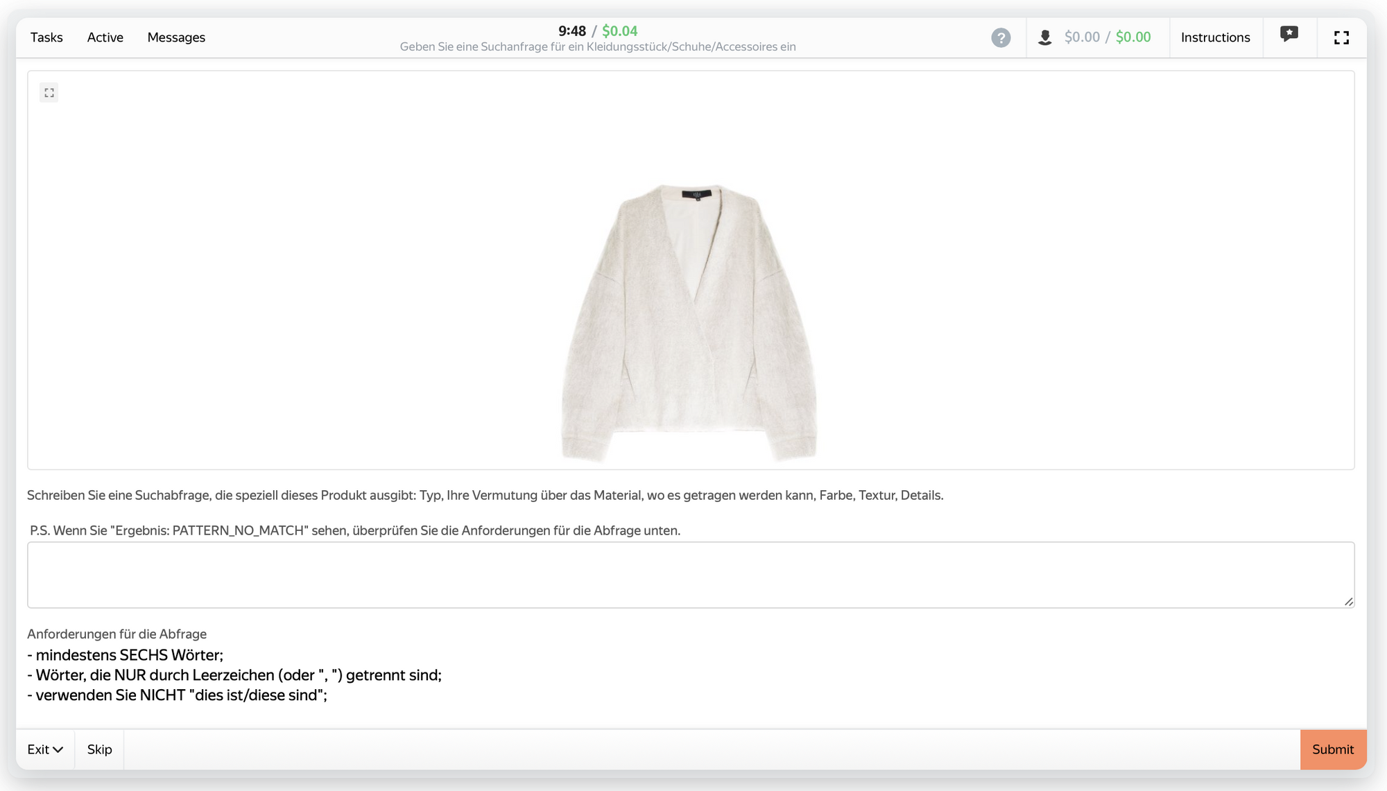 Digital task management interface with instructions for reviewing a white sweater listing for an online shop.