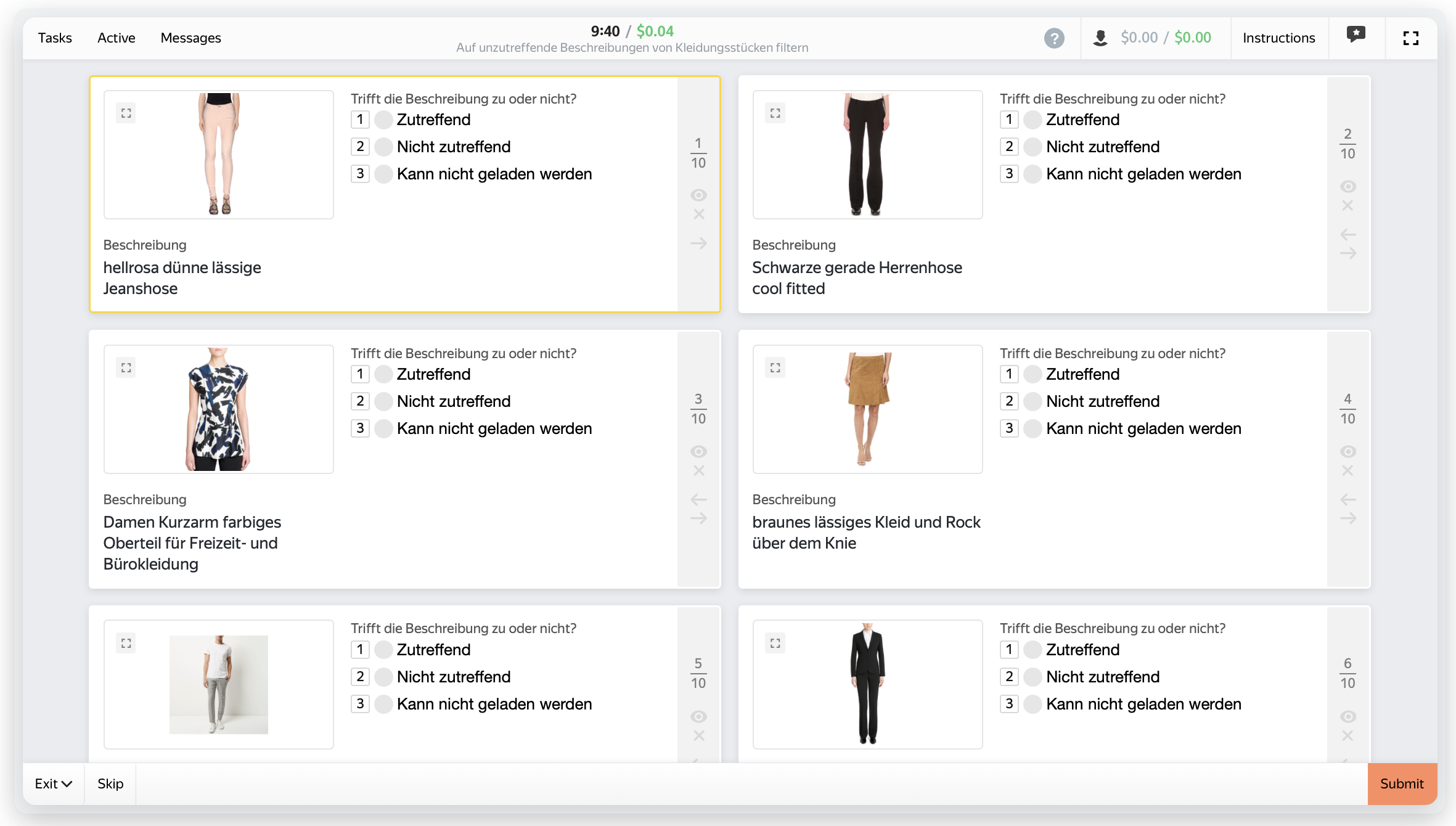 Screenshot of a fashion item management interface with categories, item images, and text like "Kann nicht geladen werden."