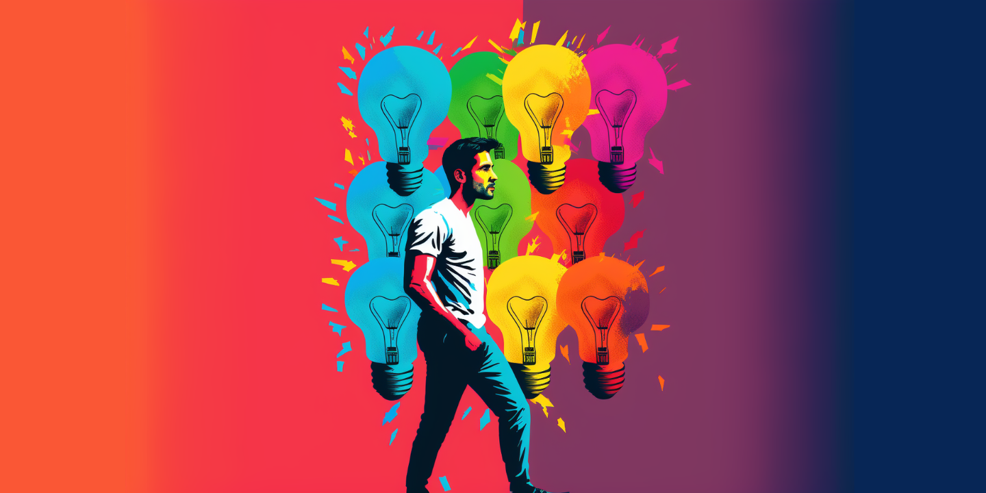 Man in white walking near vibrant colored light bulbs symbolizing ideas on a red to blue gradient background