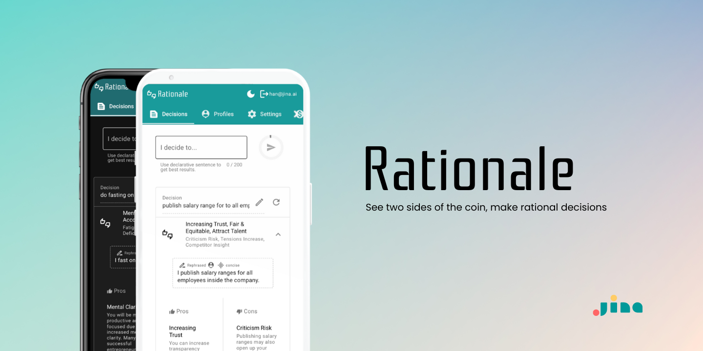 Mockup of Rationale app on devices, featuring decision-making interface with options like Decisions, Profiles, and Settings