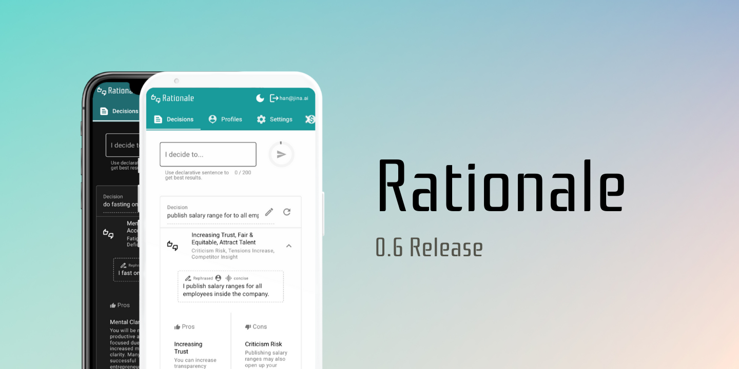 Two smartphones display the Rationale app with varying screens; the right phone highlights "Rationale 0.6 Release"