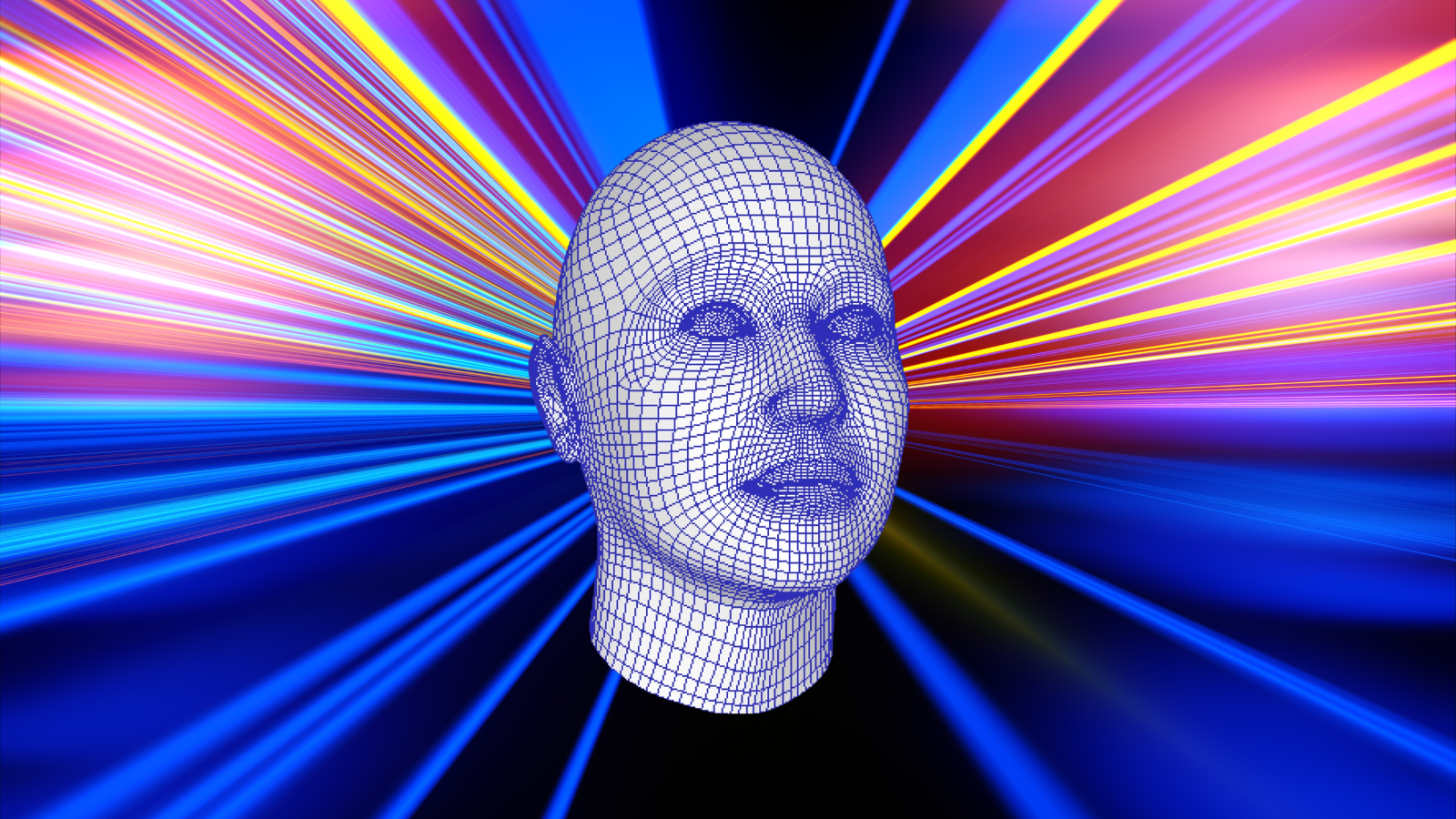 Digital wireframe human head with a dynamic, colorful background in blue and purple shades, evoking a tech vibe