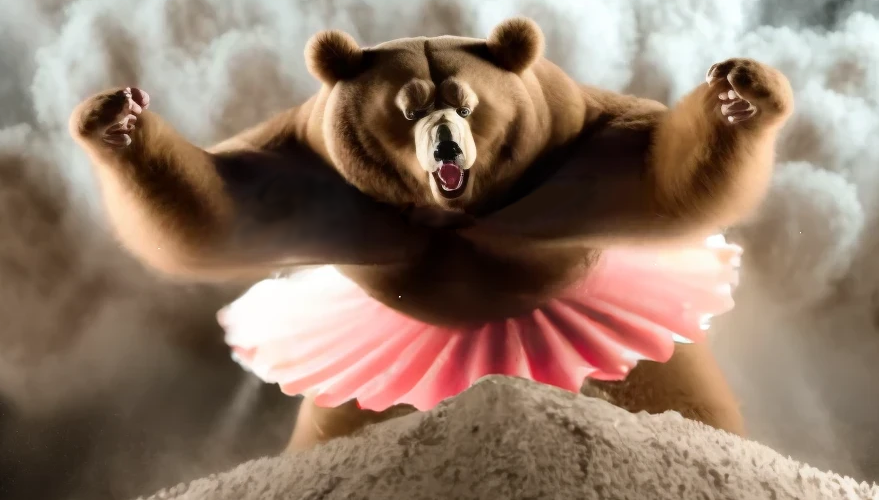 Brown bear in a pink tutu with raised paws and open mouth atop an elevated surface, displaying a playful yet fierce stance