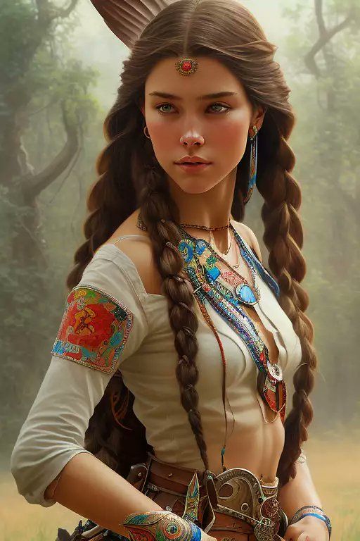 Fantasy warrior woman in a white and silver attire with colorful braids, holding a weapon, in a misty forest setting.