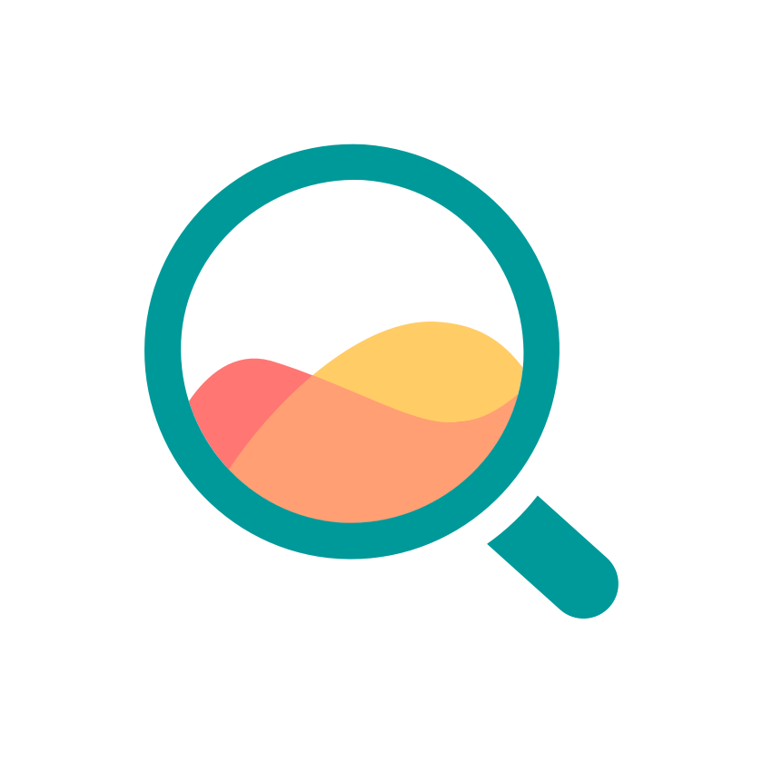 Graphic of a stylized magnifying glass with a gradient of yellow-orange, pink, and green on a black backdrop.