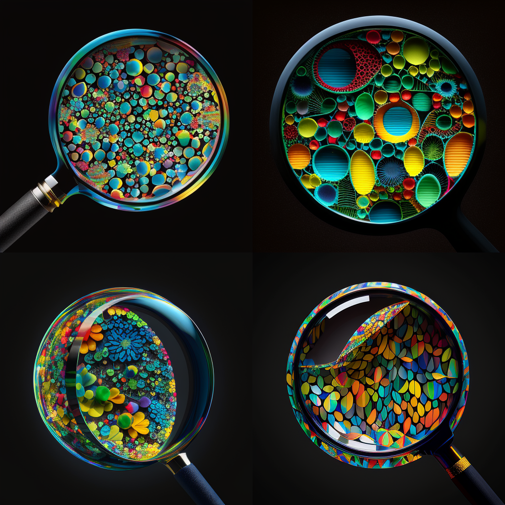 Four square magnified images with vivid patterns on a black background.
