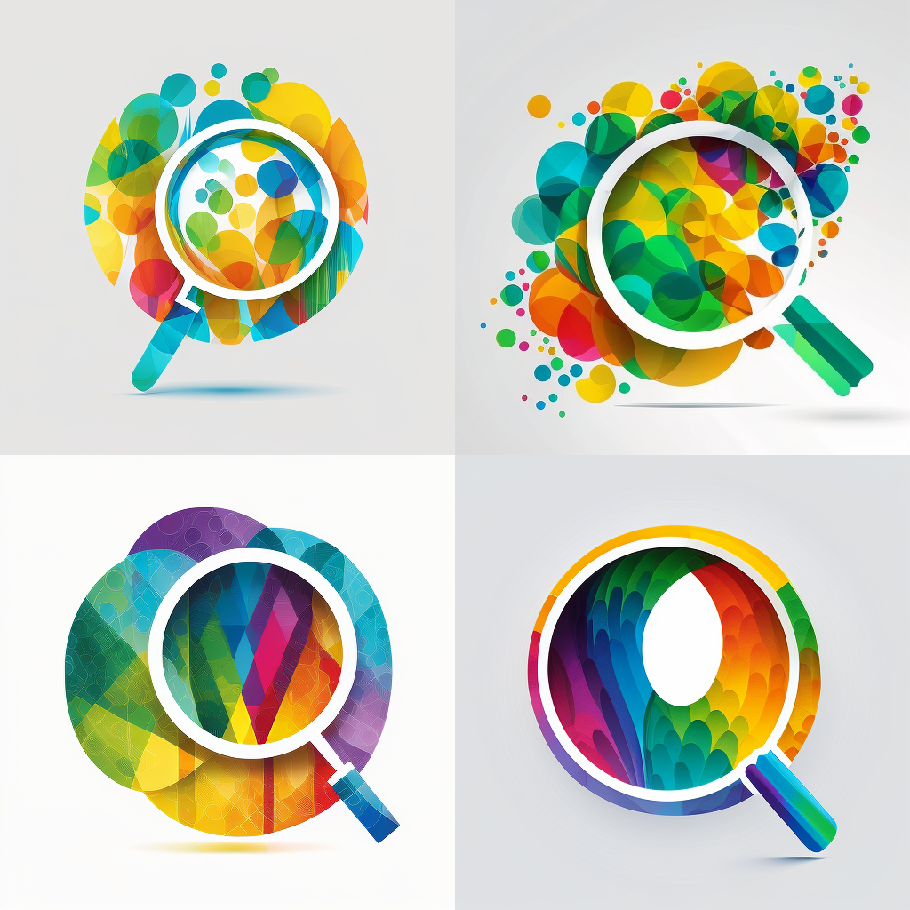 Set of four colorful abstract logos with magnifying glass shapes and vibrant rainbow patterns.