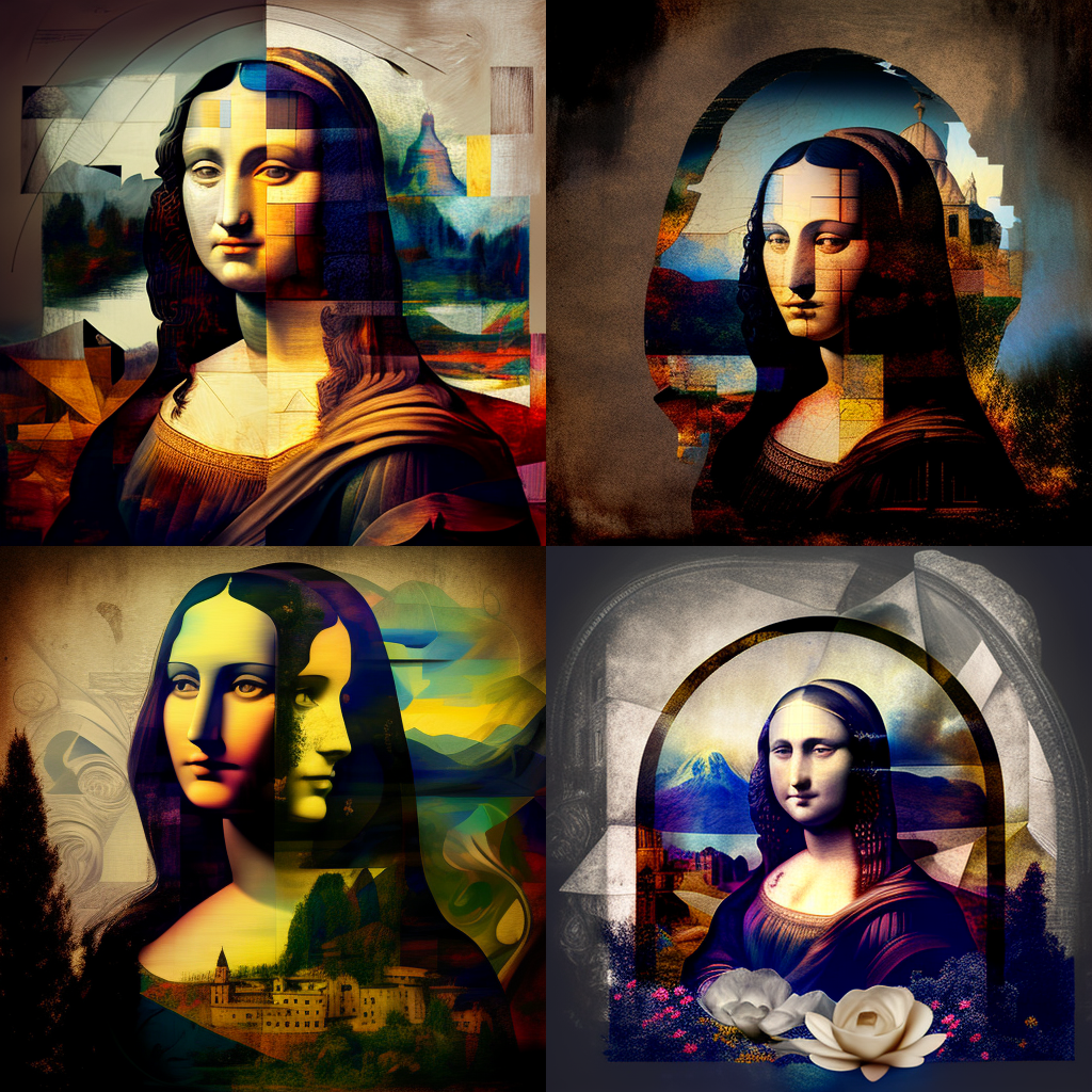 Digital collage of four varied color interpretations of the Mona Lisa in a surreal square layout.