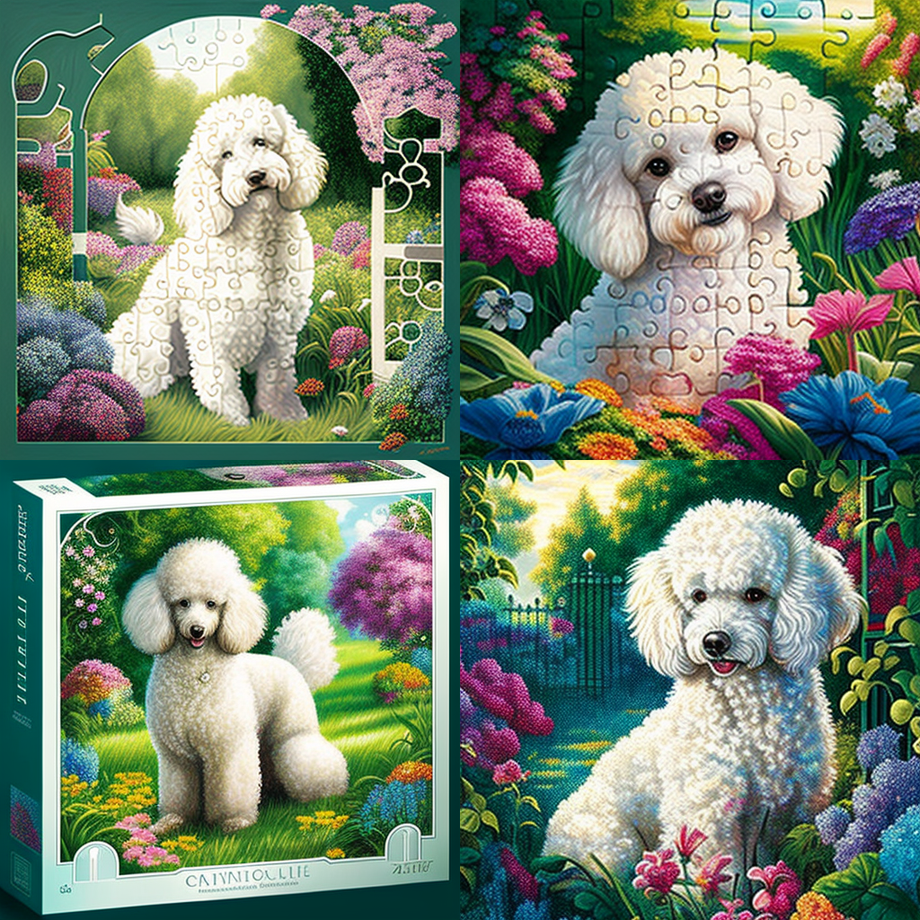 Jigsaw puzzle featuring white poodles in various garden scenes with colorful flowers, capturing a serene atmosphere.