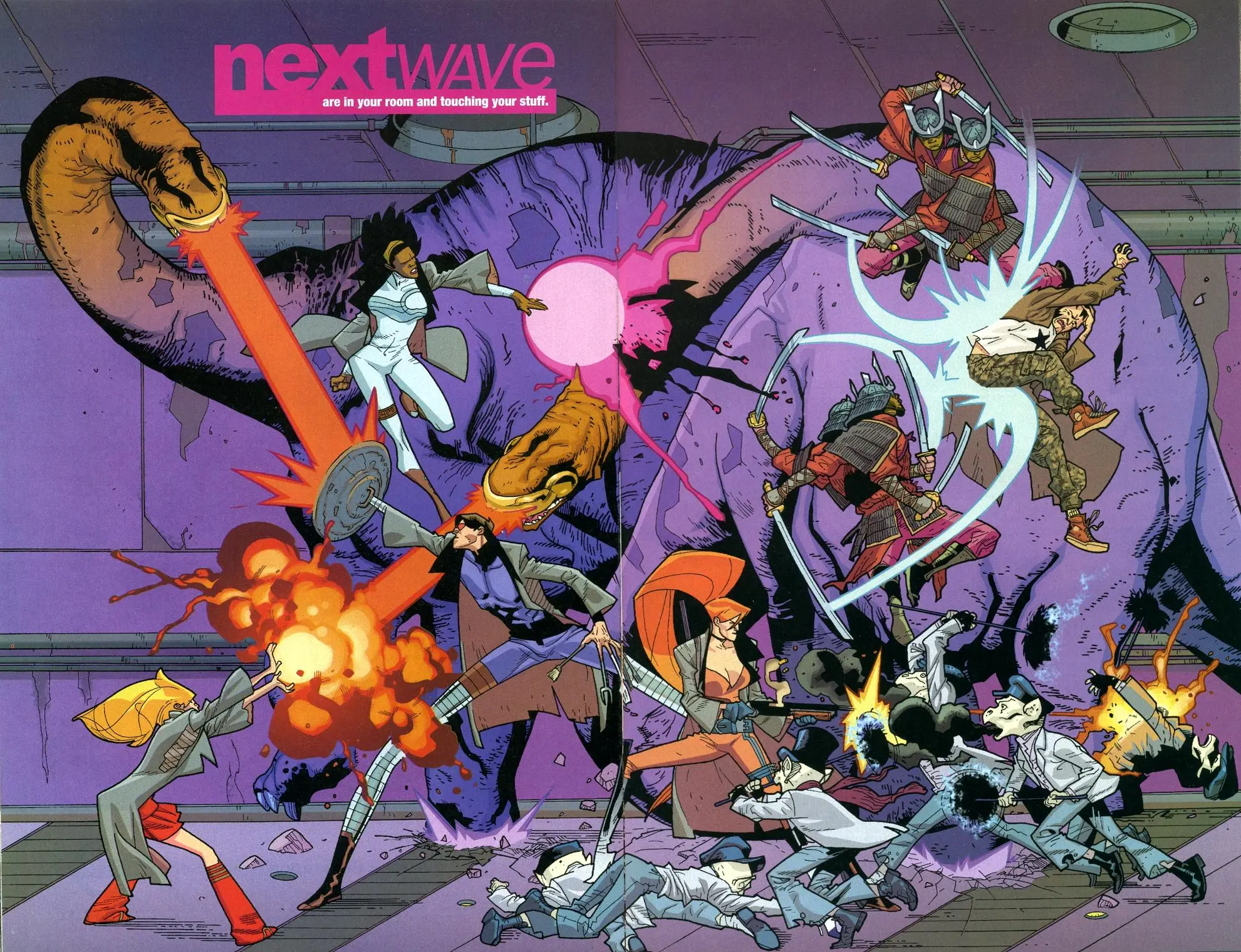 Comic cover of 'Nextwave' with energetic characters in action, one holding a pink energy staff, against a backdrop of vibrant