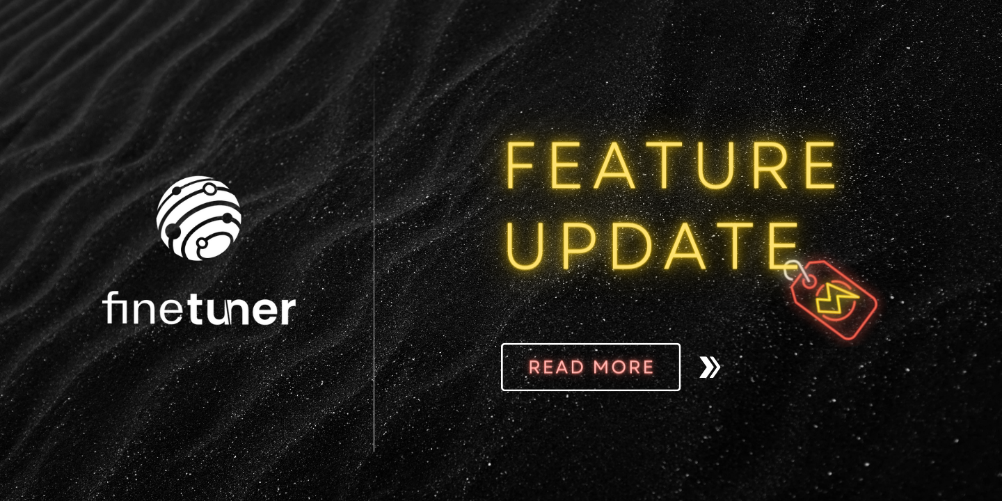 Dynamic black ad banner with bright neon text "FEATURE UPDATE," a subtle "finetuner" text, and a "READ MORE" button