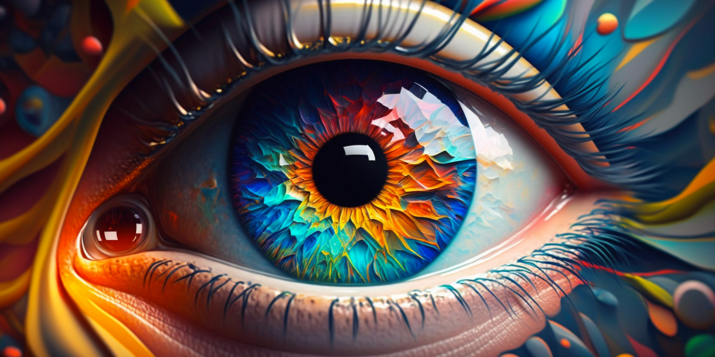 Digital artwork of a human eye with rainbow colors and long black eyelashes in a surreal style