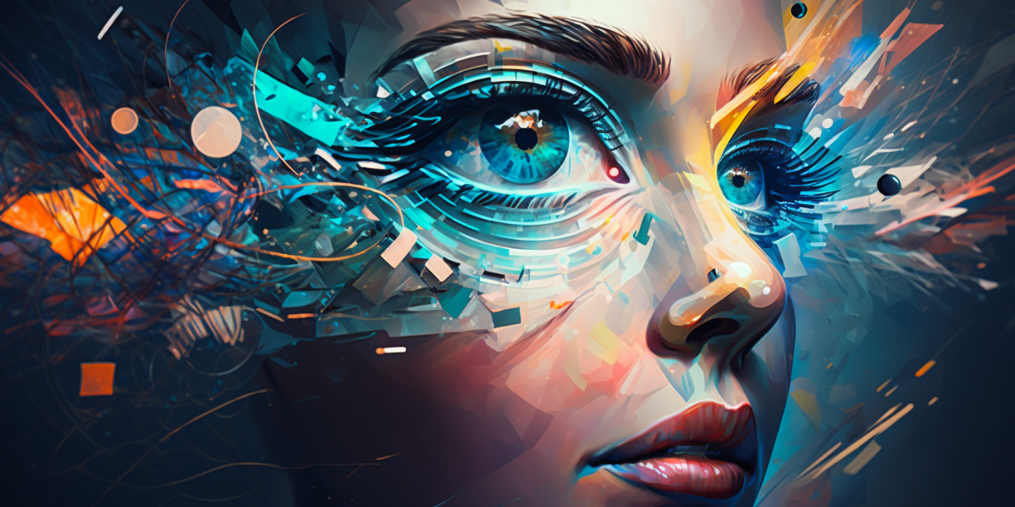 Digital painting of a woman's expressive face with multi-colored geometric patterns and contrasting eye colors