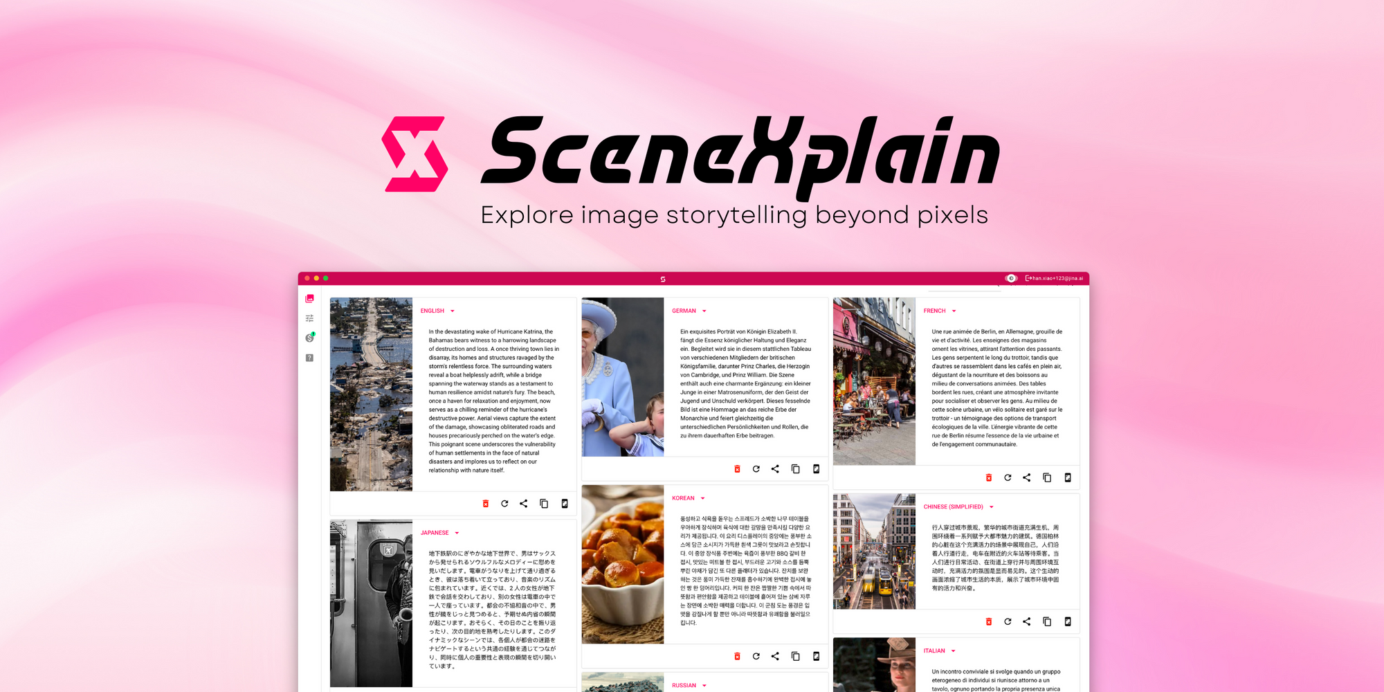 A promotional webpage for the ScanXplain platform, featuring a vibrant layout with a light pink header that includes the platform name in black bold font and a tagline encouraging the exploration of image storytelling beyond pixels. The page showcases an assortment of images and content, creating an inviting and visually engaging experience