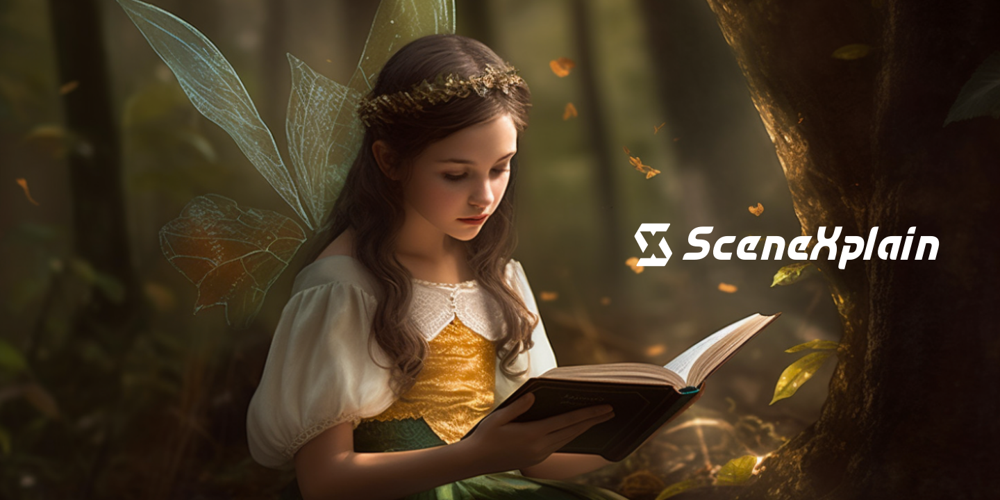 Magical scene with a fairy in a green and gold dress reading a book under a tree, surrounded by butterflies