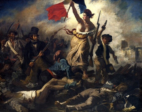An illustration of "Liberty Leading the People" by Delacroix, featuring the personification of Liberty centrally, as she leads a group in the July Revolution. She is holding aloft the French Tricolor flag in her left hand and a bayonetted musket in her right, symbolizing the fight for freedom. Around her are diverse figures that represent the populace of the revolution