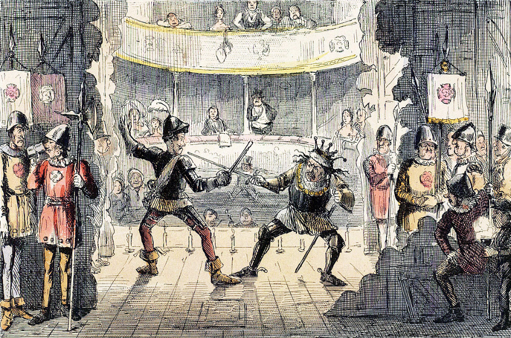 An etching of an Elizabethan play showing a lively theatrical performance with two central actors engaging in a dramatic sword fight on stage. Audience members are depicted in various states of engagement, some seated on benches and others standing, within a semi-circular indoor setting adorned with marble columns. The scene exudes an air of historical entertainment and communal enjoyment