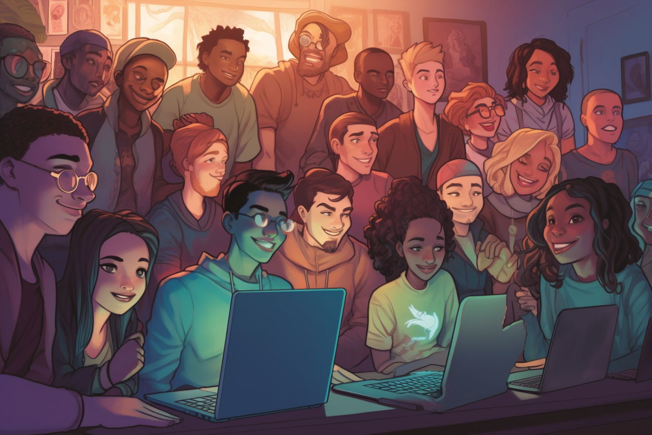 An illustration of a diverse group of 16 people exhibiting inclusivity and camaraderie, gathered around a table with laptops, in a warm and positive atmosphere