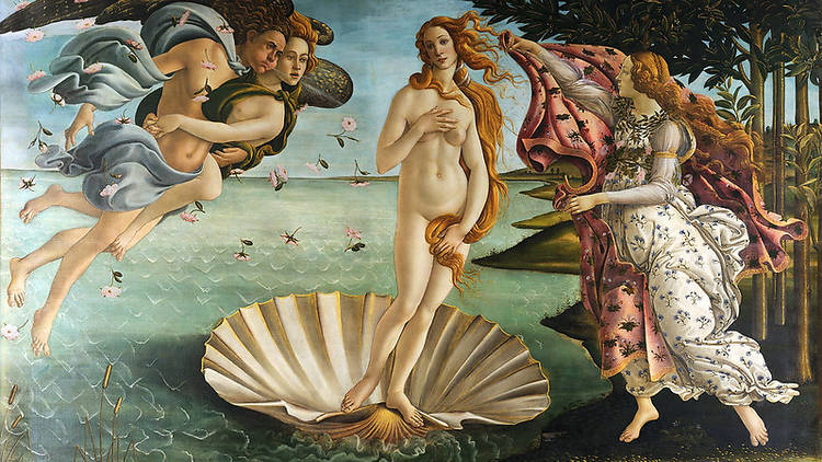 A painting by Sandro Botticelli titled "The Birth of Venus," depicting Venus, a slender nude woman, centered on a seashell against a green, lush backdrop. Surrounding figures, including angels, contribute to the sense of a magical, mythological scene