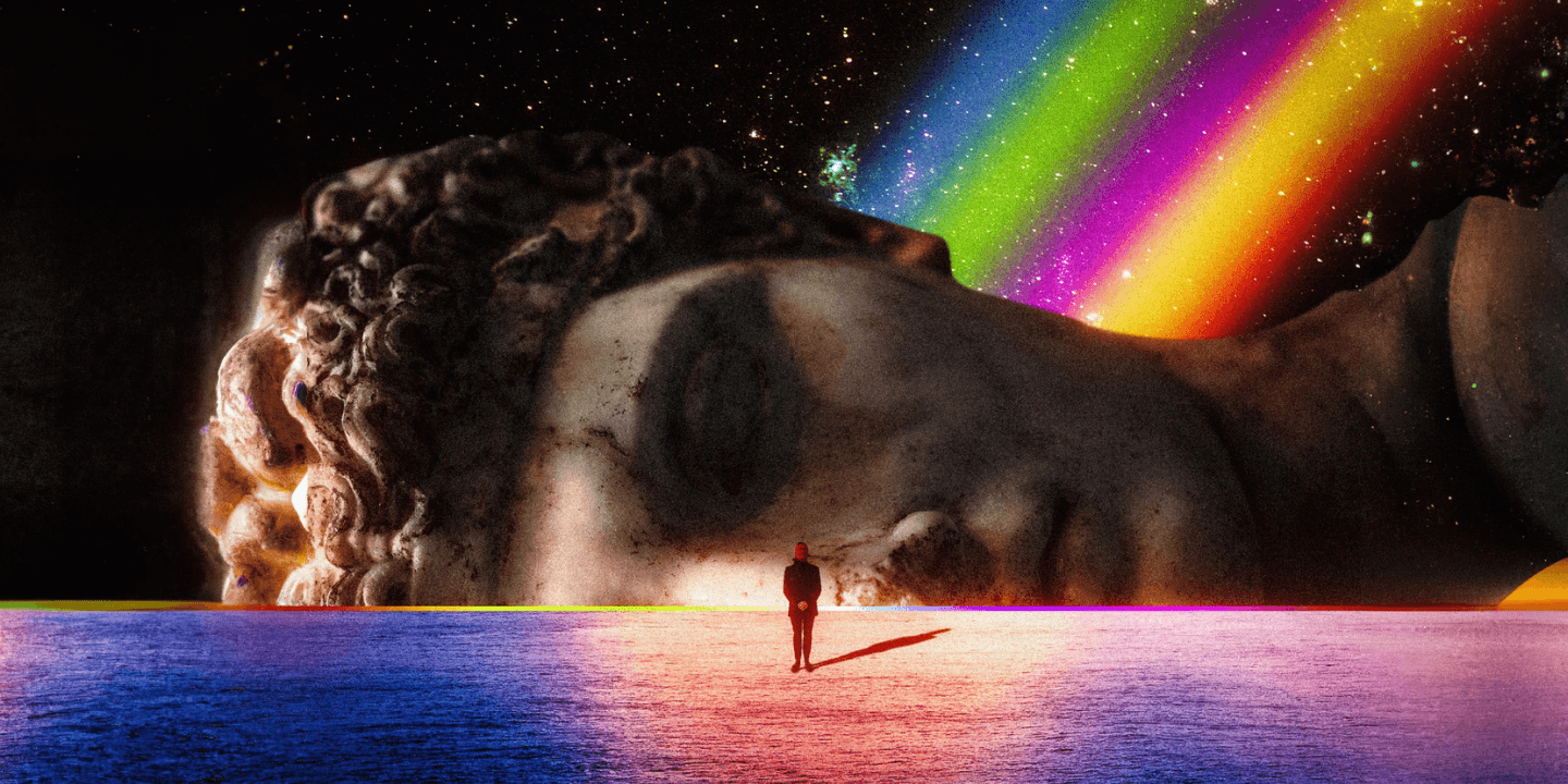 Surrealist artwork of a person on a surfboard in the ocean, gazing at a giant eye with a rainbow amidst a starry sky backdrop