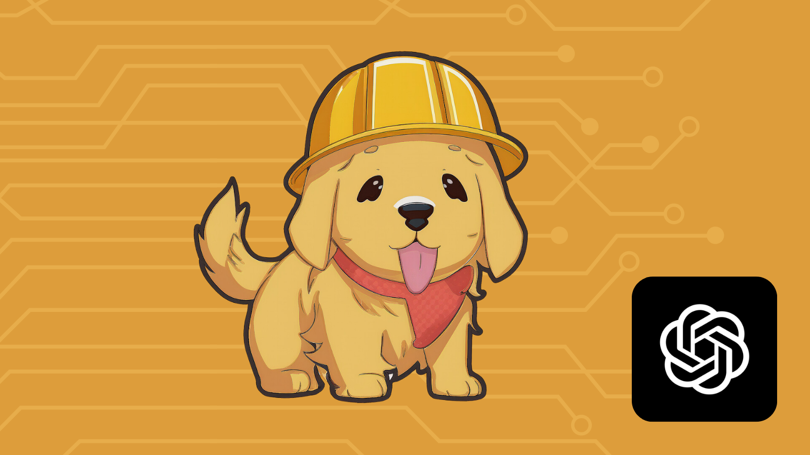 Cartoon of a cheerful golden retriever wearing a construction helmet on an orange, technology-themed background