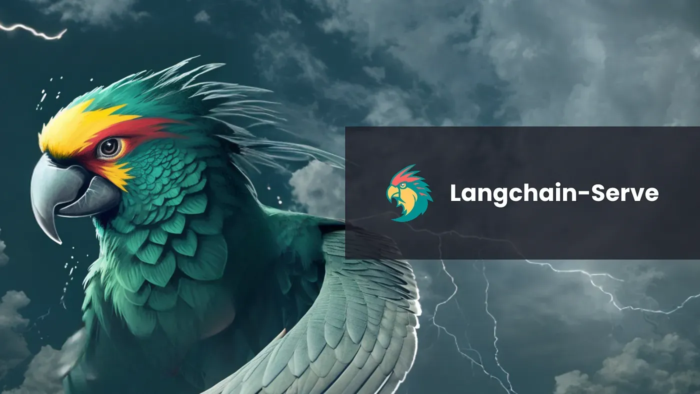 Colorful parrot with outstretched wings against a stormy backdrop with lightning, featuring "Langchain-Serve" text
