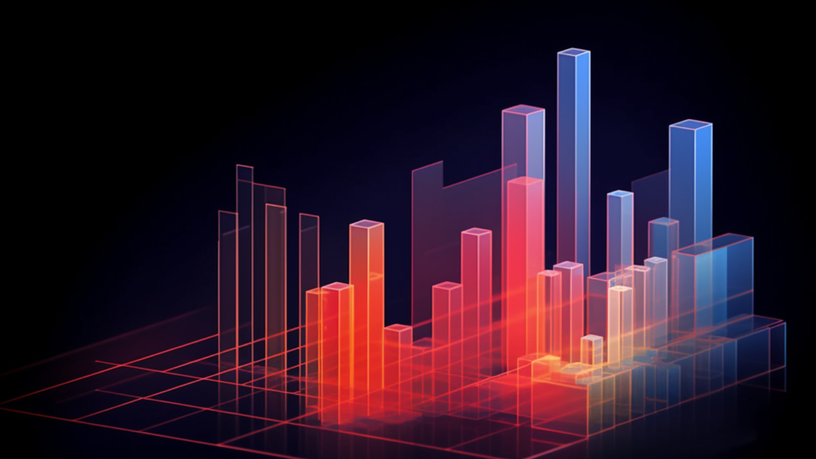 Abstract 3D bar graph with translucent red and blue bars on a dark background, creating a dynamic, layered visual effect