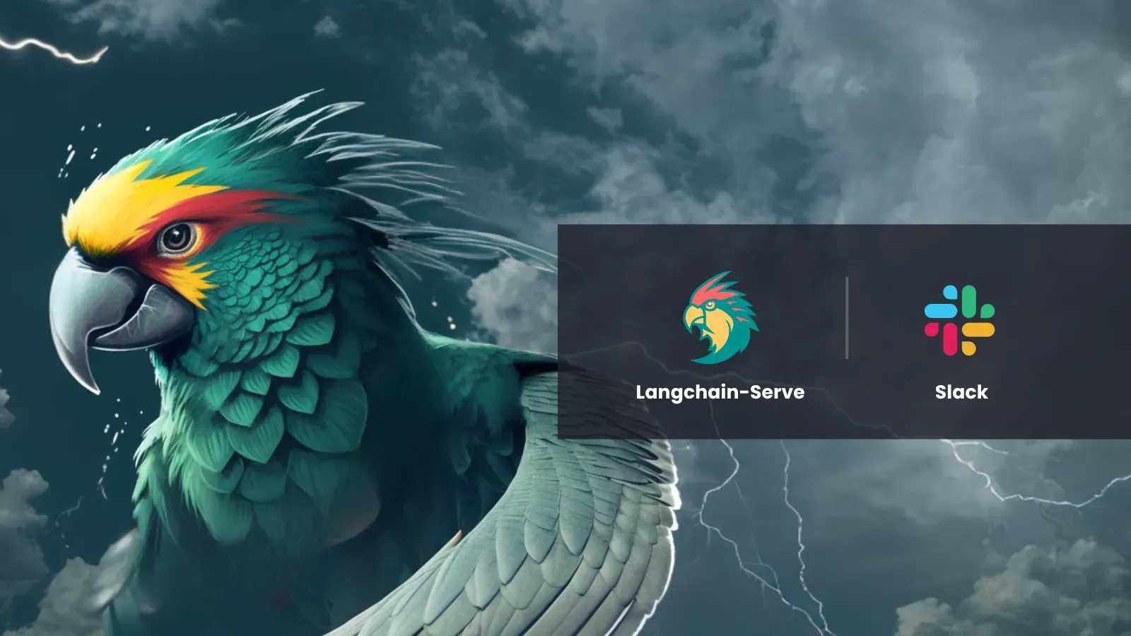 Colorful digital parrot on a stormy backdrop with 'Langchain-Serve' and 'Slack' logos