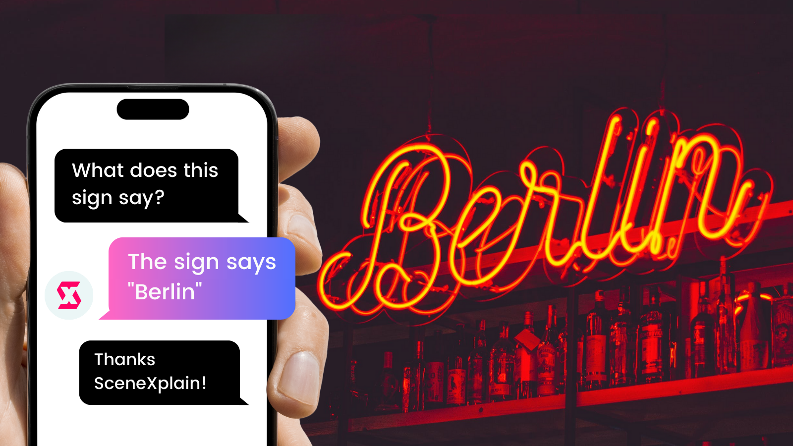 Hand holding a smartphone with a chat app inquiring about a neon 'Berlin' sign, with shelves of bottles in the background