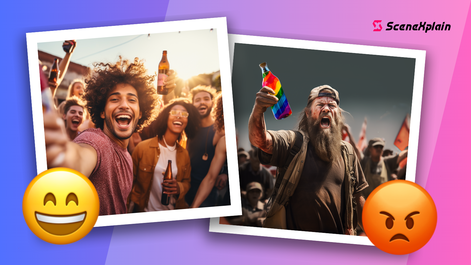 Split image with a jovial group toasting with beers on one side and an upset bearded man with a pride flag on the other