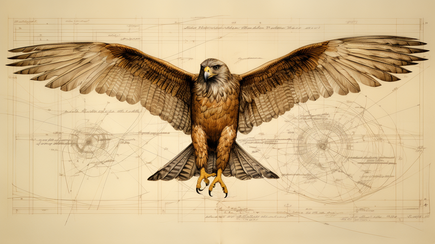 Illustration of a brown eagle in mid-flight with wings outstretched over nautical blueprints, with the number "20" visible