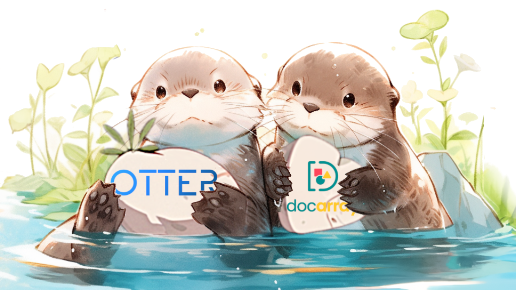 Two otters face each other, holding a heart with "OTTER" and "docarro" logos, surrounded by greenery