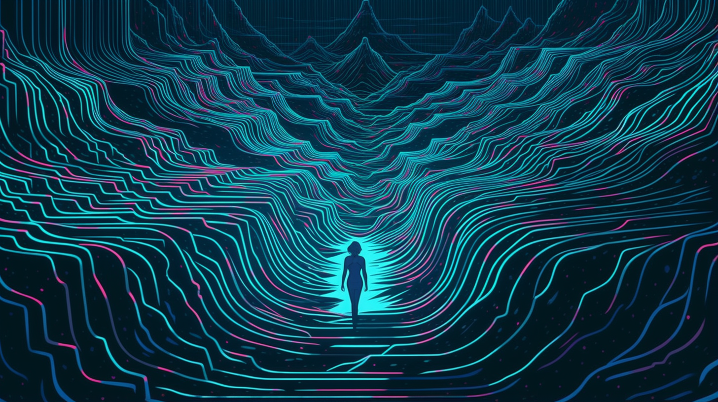Abstract art of a silhouetted figure in a dynamic, colorful tunnel, evoking a digital or futuristic vibe