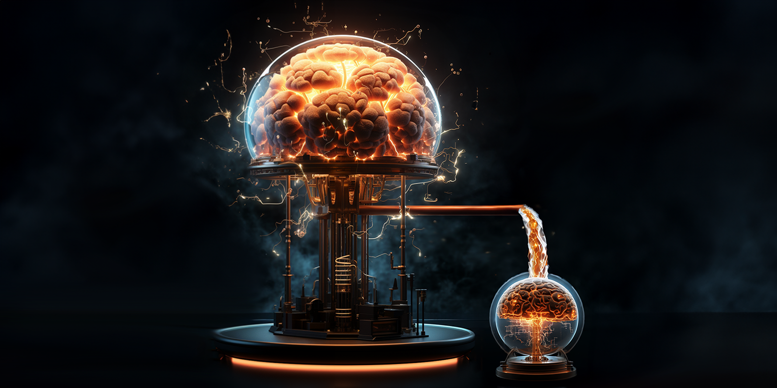 Mechanical brain exhibit with a fiery electric ambiance in a dark room, highlighting a large brain in a transparent sphere
